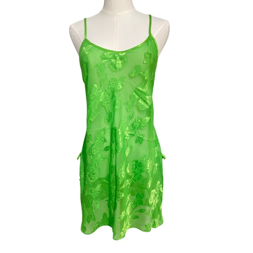 VTG California Dynasty Sheer Floral Green Mini Slip Dress Fairy Festival Sz S